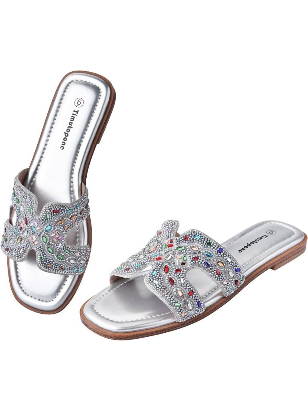 Womens Silver Rhinestone Lightweight Comfortable Slide Slip On Flat Sandal Shoes